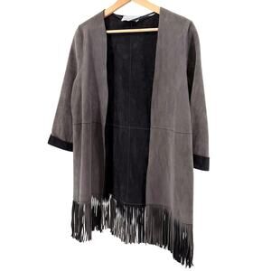 Jigsaw Gray Dark Charcoal Reversible Genuine Suede Fringe Jacket